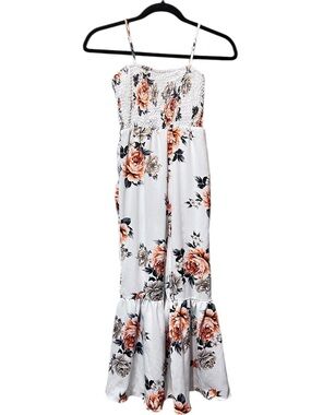 White Floral Smocked Jumpsuit with Ruffled Hem